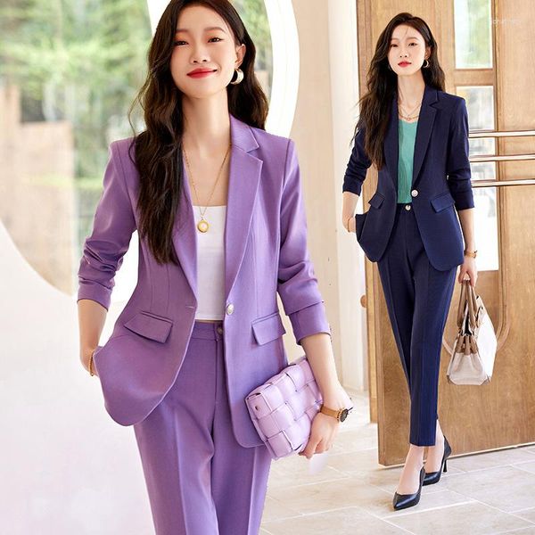 Calças Femininas de Duas Peças Terno Roxo Feminino Socialite Elegante Roupa de Negócios de Alta Qualidade Estilo de Temperamento Entrevista Trabalho Formal