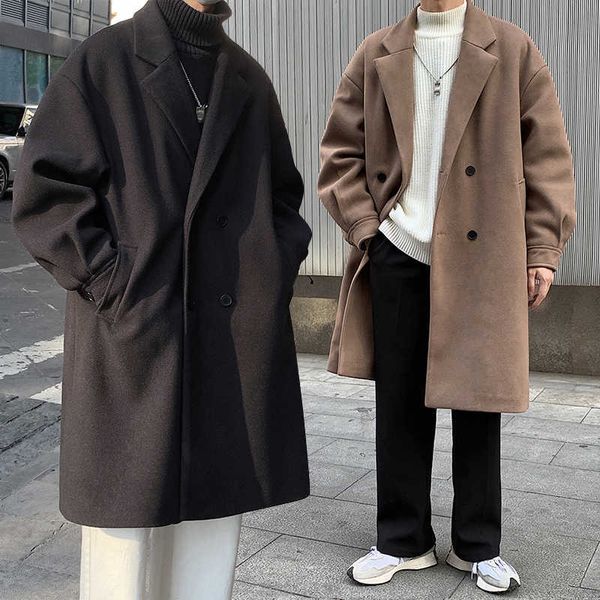 Misto lana da uomo Autunno Inverno Uomo Spolverino di lana Stile giapponese Streetwear Tinta unita sciolto Trench caldo da uomo di alta qualità HKD230718