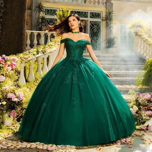 Klasik Emerald Green Quinceanera Elbiseler Dantel Aplikler Tatlım Beading Tül Balo Kıyafetleri Prom Dress Vestido De Anos Özel Artı Boyut Özel Ocn Giyim