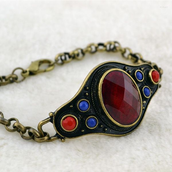 Ссылка браслетов суда винтажные украшения ювелирных изделий из бронзового браслета с овальным красным жемчужином для женщин