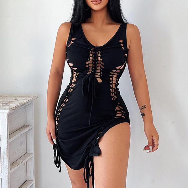 Lässige Kleider Damen Sexy Kleid Temperament Hohl Ärmellos Sling Offene Hüfte Plus Size Unregelmäßiger Rock Gabel Krawatte Rückenfrei Nachtclub