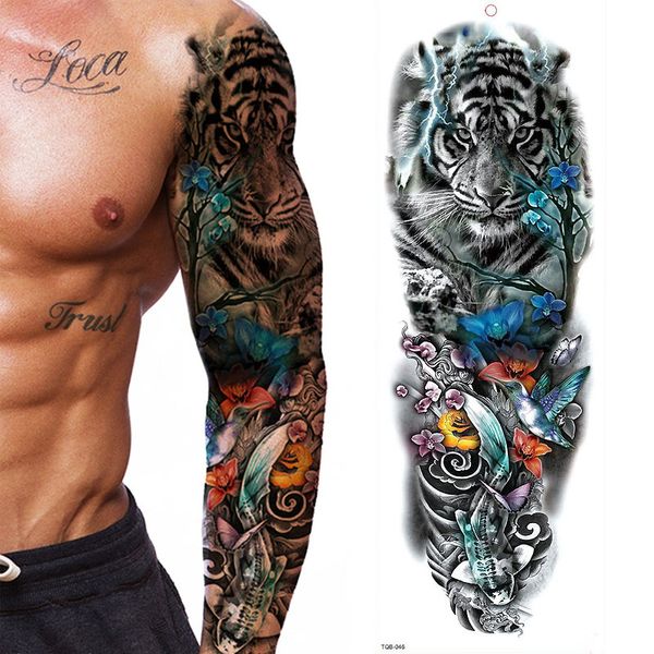 Tatuagem de manga de braço grande à prova d'água adesivo de tatuagem temporária Tigre Borboleta Homens Tatuagem de flor completa Arte corporal Tatuagem Menina