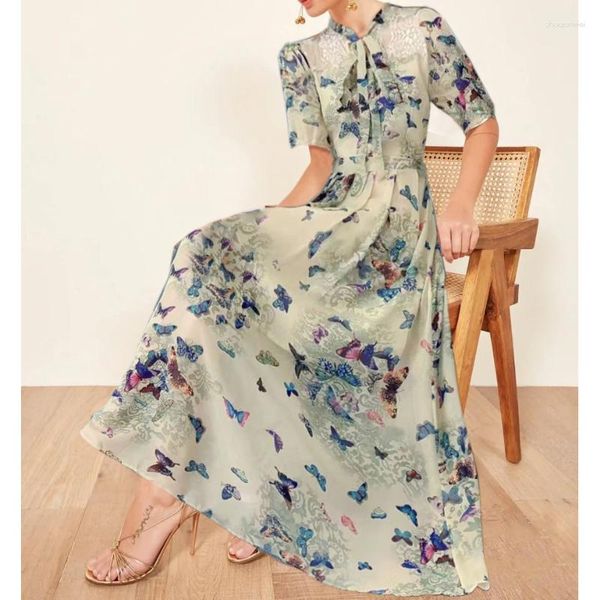 Party Kleider Koreanischen Stil Bogen Hals Kurzarm Gedruckt Blume Maxi Für Frauen Spitze Design Elegante Damen Ästhetischen 2023 Chic