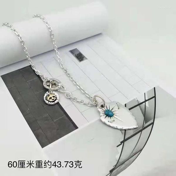 Ketten S925 Reines Silber Thai Schild Blauer Stein Anhänger Halskette Alte Männliche Damen Mode Persönlichkeit