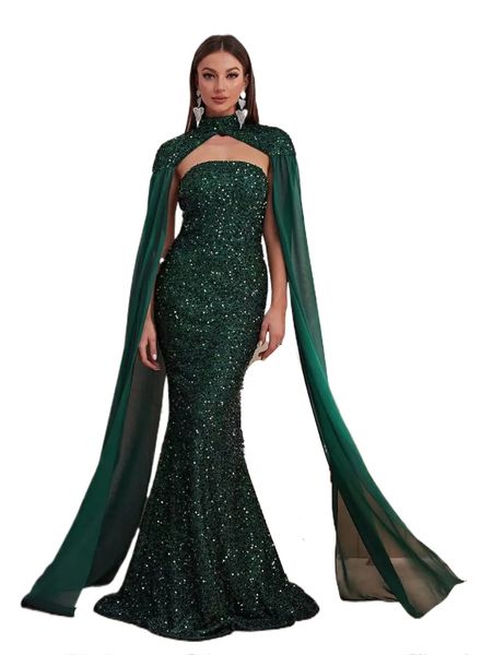 abito da ballo su ragazza nera Sirena verde smeraldo sexy lungo paillettes abiti da festa volant glitter celebrità cristalli su misura abiti da sera alla moda con scialle