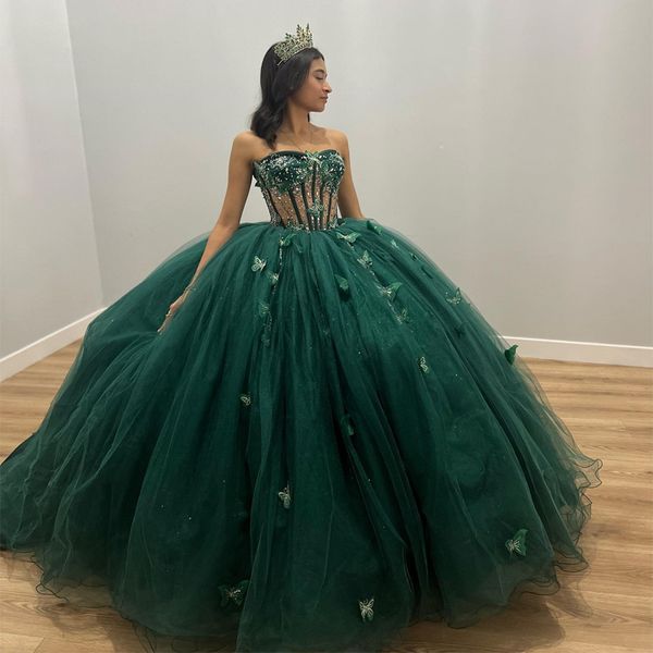 Vestido de Baile Tull Verde Esmeralda Brilhante com Cristal Vestido de Quinceanera com Grande Laço Espartilho Vestido De 15 Anos