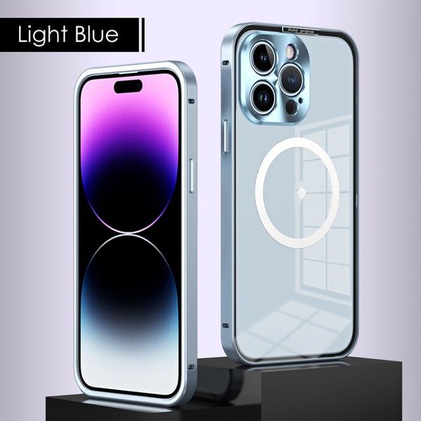 Designer de luxo moldura de metal alumínio transparente capa traseira ímã caso de telefone para iphone 15 13 12 14 pro max para caso de carregamento sem fio