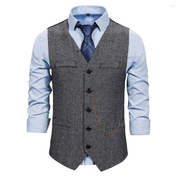 Gilet da uomo Gilet formale da uomo Gilet da lavoro Decoro a catena Senza maniche Slim Fit Scollo a V monopetto Tasche a toppa antirughe Cappotto