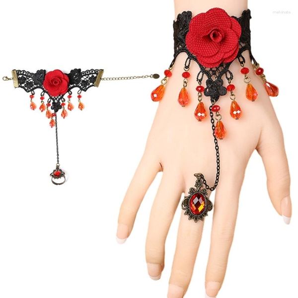 Charm Bracelets Retro-Gótico Vintage Flor Renda Pulseira com Anel Punk Jóias Corrente Borla Luvas Casamento