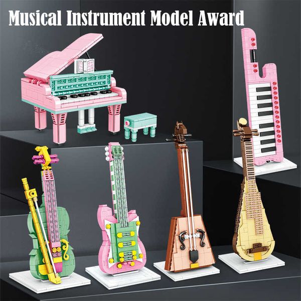 Blocos mini instrumento musical piano violino blocos de construção cidade amigos iluminação músico tijolos educativos brinquedos para crianças presentes