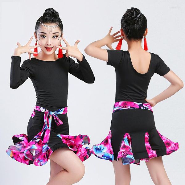 Bühnenkleidung 2023 Neueste Kinder Latin Dance Kostüme Kinderdruck Kurzarm Stempel Mädchen Rock Kinderkleider