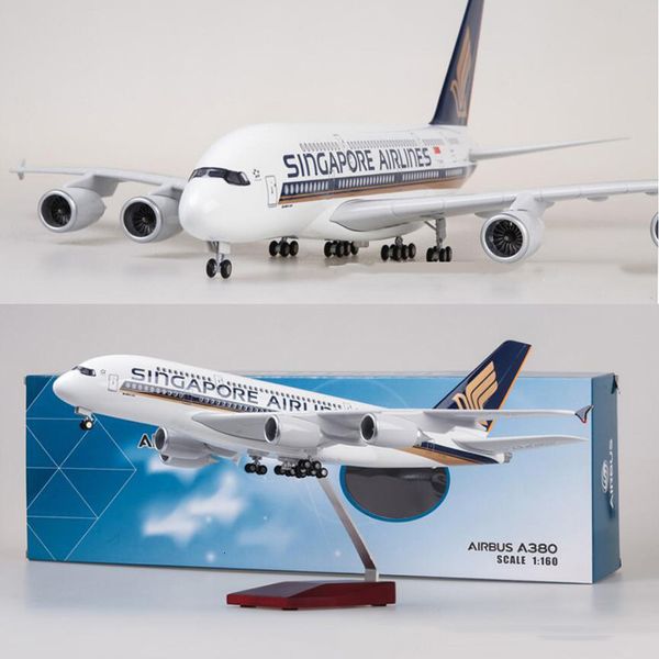 Aeronave Modle 1/160 Scale 50.5CM Airbus A380 Singapore Airlines Luz tipo W e roda de resina plástica fundida aeronave 230717