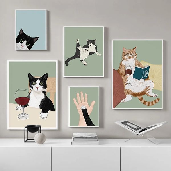Quadro su tela Divertente forma di gatto Lettura Stampe Tuxedo Wine Cute Cat Lover Poster Wall Art Immagini per soggiorno Cucina Home Decor w06