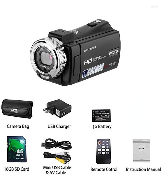 Videocamere Ordro HDV-V12 Videocamera Full HD 1080P Videocamera Zoom digitale 16x Rotazione Schermo LCD 24MP Visione notturna Memoria 16G