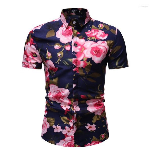 Camisas casuais masculinas verão estampa havaiana de manga curta masculina cool tops padrão flores de lótus boêmio à beira-mar feriado praia camisa