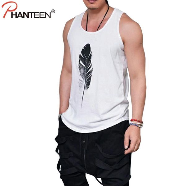 Whole- Phanteen Summer Sleeveless Tank Tops Feather Print Branco Black Loose Tanks Workout Excercise Fashion Coletes Masculino Marca Cl269r