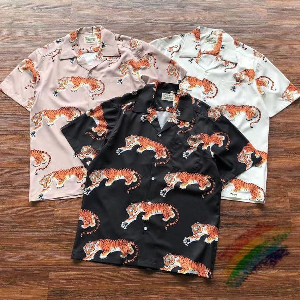 Camisas Casuais Masculinas Tigre Estampa Completa Havaí Estilo Praia Bolso Fino Wacko Maria Homens Mulheres Camisas de Alta Qualidade com Lapela Top com Etiqueta