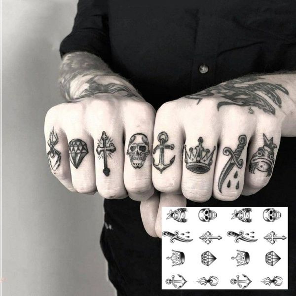 Adesivos pequenos dedo adesivos de tatuagem temporários homens mulheres cruz diamante aranha coroa arte tatuagem falsa dedo adesivos legais de tatuagem
