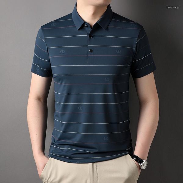 Männer Polos Eis Seide Kühlen Revers Polo-Shirt Jungen Sommer Kleidung Für Männer T-shirt Mittleren Alters Casual Nahtlose gestreiften Tops T S6038