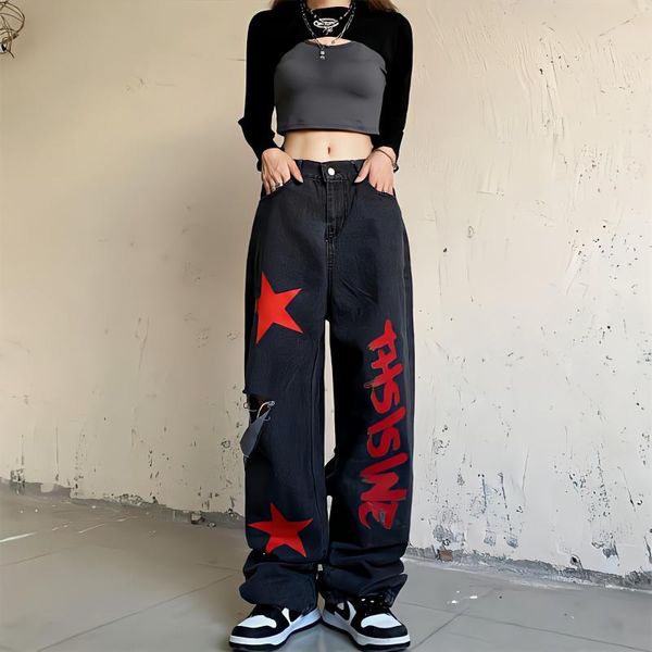 Jeans da donna Hip Hop stile americano neri larghi da donna a vita alta pantaloni vintage stelle stampate graffiti lettere pantaloni strappati a gamba larga