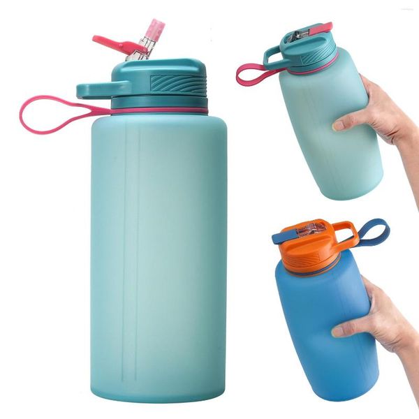 Garrafas de água 2200 ml garrafa de grande capacidade com palha ao ar livre fitness esportes portátil silicone jarro para viagens corrida acampamento caminhadas academia