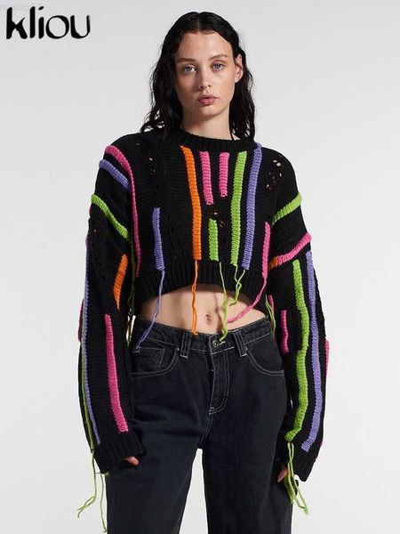 Suéter Feminino Kliou Malha com Borla Patchwork Suéter Feminino Inverno Solto Colorido Listrado Manga Completo Bare Midriff Exclusivo Painéis Cropped Tops L230718