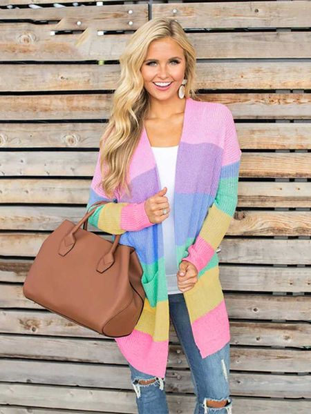 Женские свитера Fitshinling Rainbow полосатый длинное кардигановое свитер Женский вязаная одежда красочная зимняя пальто.