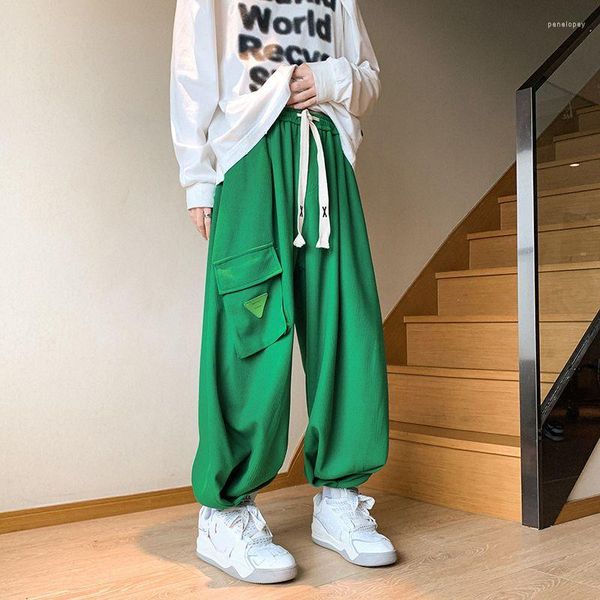 Männer Hosen GMIIXDER Frühling Japanische Grüne Fracht Große Tasche Patch Design Knickerbocker Männer Frauen Oversize Jogger Waffel Jogginghose