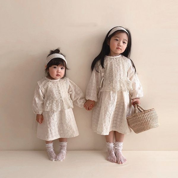 2023 herbst Neue Baby Mädchen Langarm Kleidung Elegante Weiße Spitze Mädchen Kleid Baby Body Kinder Prinzessin Kleider Twin Kleidung