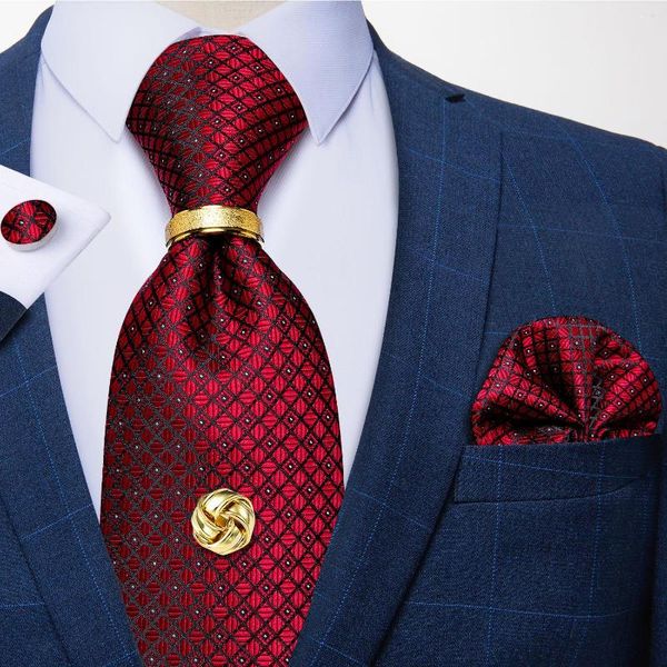 DiBanGu Fliegen-Design Herren-Krawatte, 8 cm, Seide, Jacquard, rot kariert, gepunktet, Krawatte, Taschentuch, Tack-Set, Business-Hochzeitsgeschenk für Männer