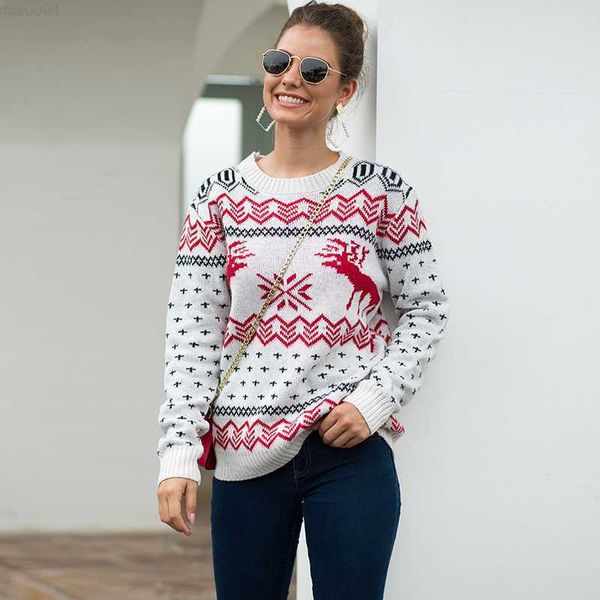 Damenpullover Damen Weihnachtsstrickpullover Herbst Winter Damen O-Ausschnitt Langarm Mode Rentier Schneeflocke Häkelhemden L230718