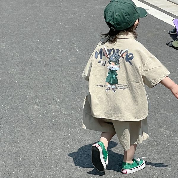 Conjunto de verão infantil de algodão de cor pura com estampa de desenho animado para menino lindo vestido de verão