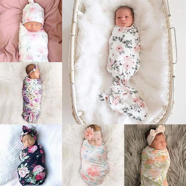 Decken Swaddling 2 Stück Born Floral Swaddle Wrap Stirnband Set Baby Baumwolle Empfang Decke Schlafsack Haarband Kleinkinder Boy2214