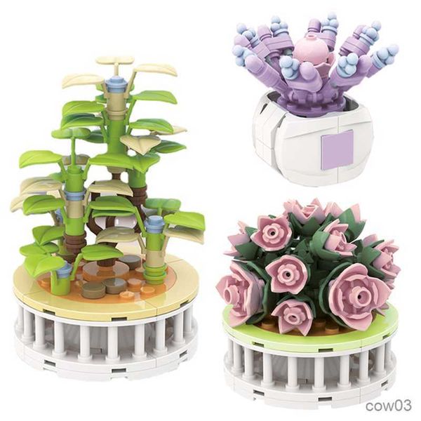 Blocchi Fai da te Blocchi da costruzione Bouquet Pianta succulenta Decorazione da tavolo in vaso Mini assemblato Blocco di fiori Confezione regalo Giocattoli per bambini R230718