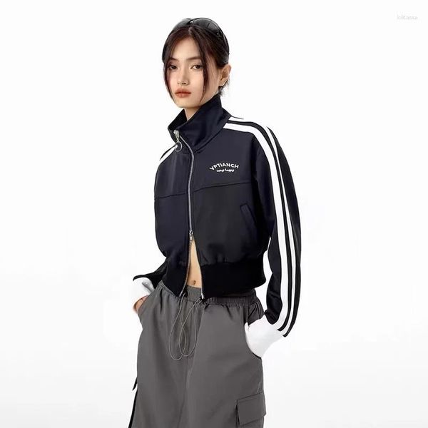 Damenjacken Damen-Trainings-Crop-Top mit hohem Kragen und doppeltem Reißverschluss, durchgehende Jacke in Kontrastfarben