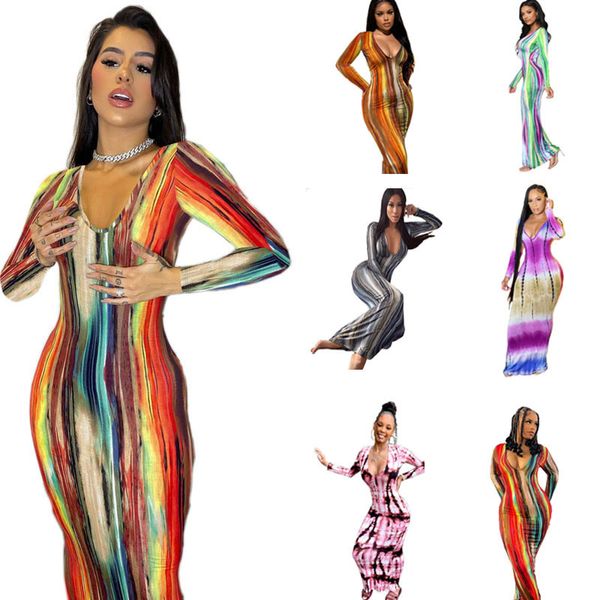 Vestidos plus size femininos bodycon dress tie dye estampado sexy manga longa decote em v maxi para mulheres vestido de festa roupas da moda 230718