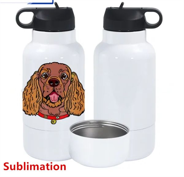 Bottiglia d'acqua per cani a sublimazione da 32 once Grande bottiglia d'acqua isolata da 32 once con ciotola per l'acqua da viaggio per cani Ciotola per alimenti Borraccia da viaggio per cani Ciotola per cani portatile