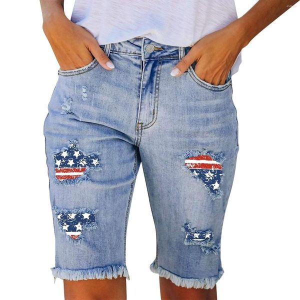 Jeans feminino com estampa de bandeira estrela casual cintura média bolso escovado jeans rasgado roupas femininas cargo jeans para