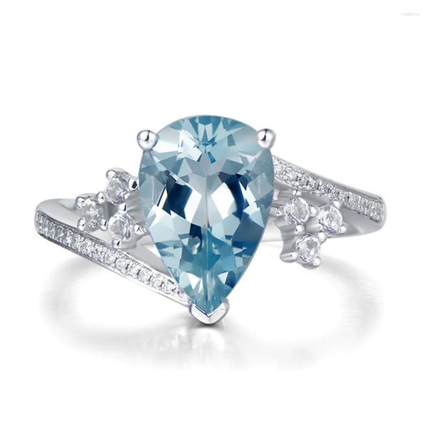 Cluster Rings Blue Crystal Aquamarine Gemstones Zircon Diamonds For Women White Gold Silver Color Jewelry Bijoux Bague Gifts Fashion