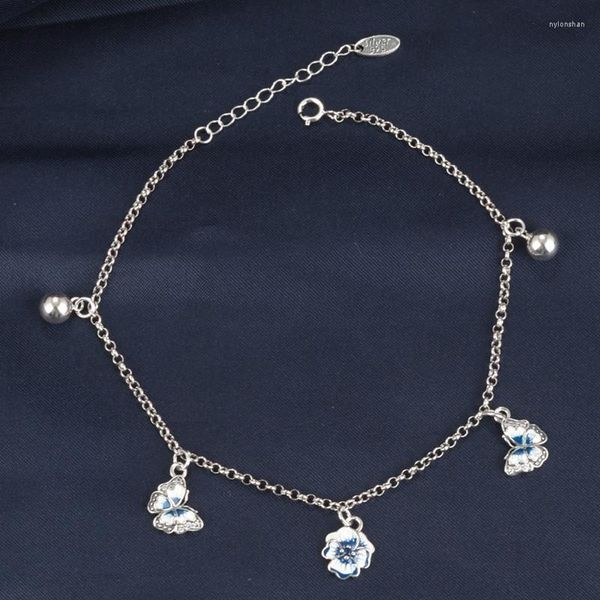 Fußkettchen Niedliche einfache 925 Sterling Silber Emaille Schmetterling Fußkettchen Frauen Vintage Ethnische Blume Runde Kugel Knöchel-Armband Fußkette Schmuck