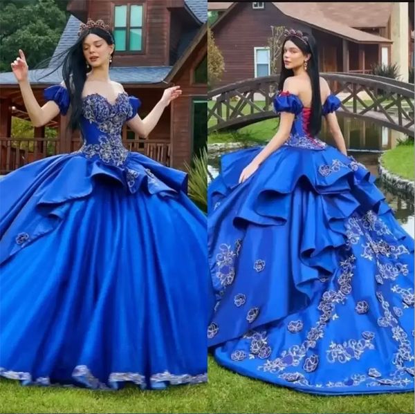 2023 Vestidos Azul Royal Quinceanera Decote Coração Lantejoulas Renda Apliques Bordados Em Camadas Sem Mangas Vestido de Baile Formatura Vestido de Noite Formal vestidos