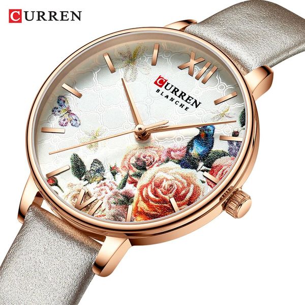 Curren Beautiful Flower Design Watch Watch Fashion Casual кожаные наручные часы, дамы, смотрят женские часы женские кварцевые часы181U