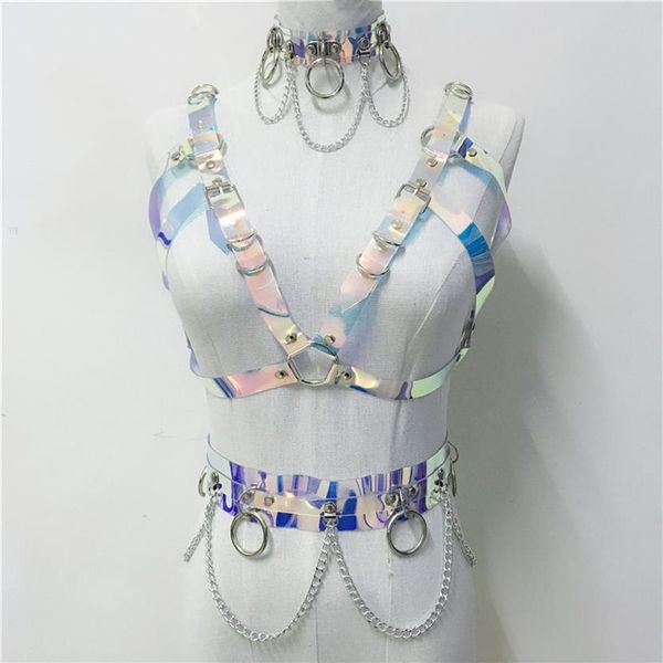 Trajes sensuais gótico feito à mão holográfico PVC conjunto de 3 peças feminino colarinho gargantilha sexy crop top elo corrente cinto rave festival ma2526