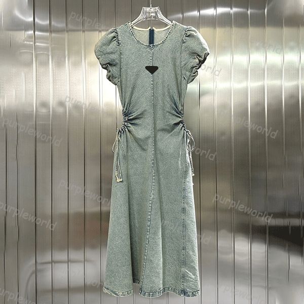 Vestido jeans feminino verão estilo vintage manga bolha cintura fina design oco saia linha cintura alta vestido fino