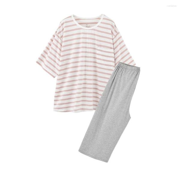 Indumenti da notte da donna Coppia a righe 2 pezzi Pigiama Set T-shirt con scollo a OPantaloncini Pigiama Tuta da notte in cotone Abbigliamento da casa allentato casual morbido