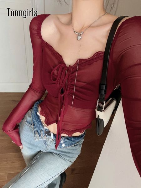 T-shirt da donna Tonngirls Japanese See Through Mesh Top Lace Up Y2k T Shirt Donna Grunge Vintage Top Cardigan in pizzo Fairycore T-shirt corta 230717