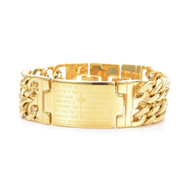 Cruz da Bíblia Espanhola Oração do Senhor Pulseras 316L Pulseira de Aço Inoxidável Pulseiras Bangle Crença na Moda Jóias Bracelete Renda Promoção