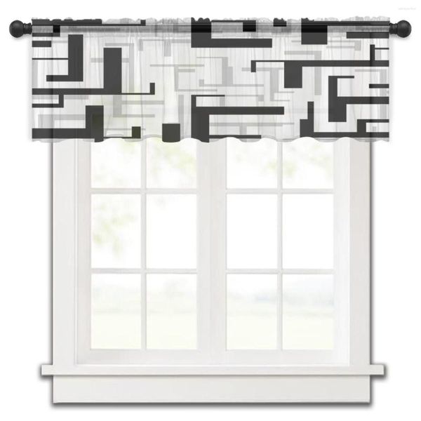 Cortina Arte Moderna Geometria Preto Cinza Cozinha Pequeno Tule Transparente Quarto Curto Sala Decoração para Casa Cortinas Voile