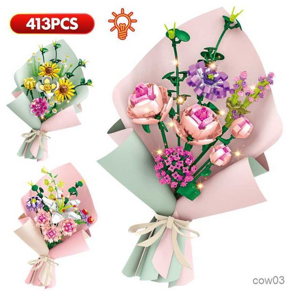 Bloklar 413pcs City Creative Fikir Arkadaş Romantik Buket Güller Çiçekler Yapı Blokları Tuğlalar Işık Oyuncakları ile Sevenler için Kızlar R230718