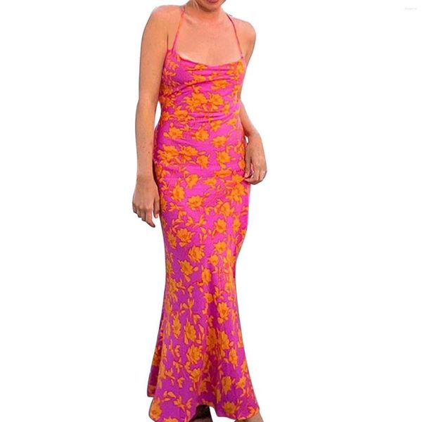 Vestidos casuais femininos verão estampado maxi vestido sem mangas justo justo uma linha gola suspensório macacão estampado longo